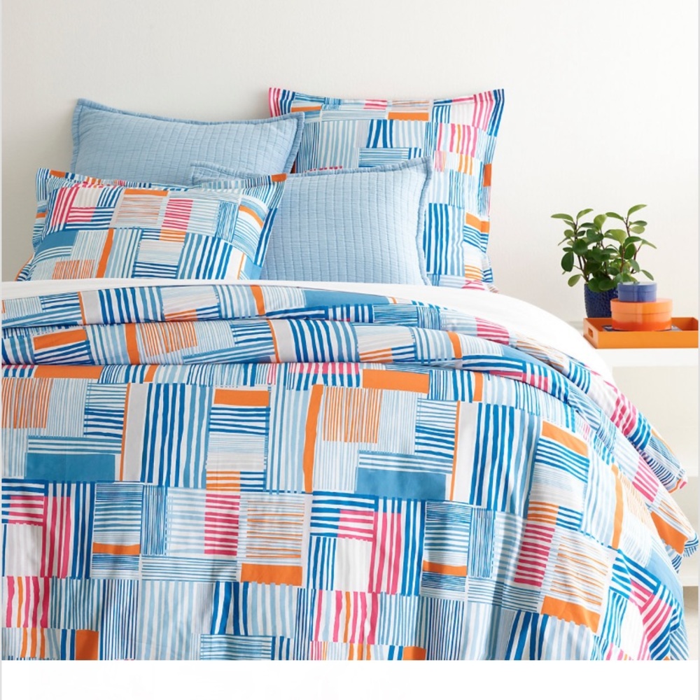 Annie Selke Block Stripe Blue/Tangerine Duvet Cover, Full/Qn & 2 Euro Shams NWOT